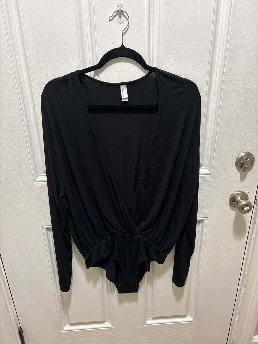 American Apparel Deep V-Neck Long Sleeve Wrap Bodysuit Black Size XL